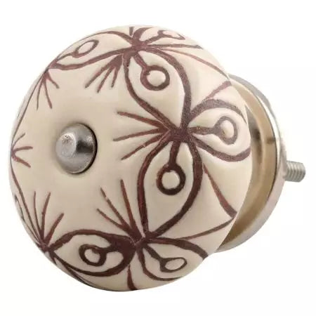 Cream ceramic knob with brown etching