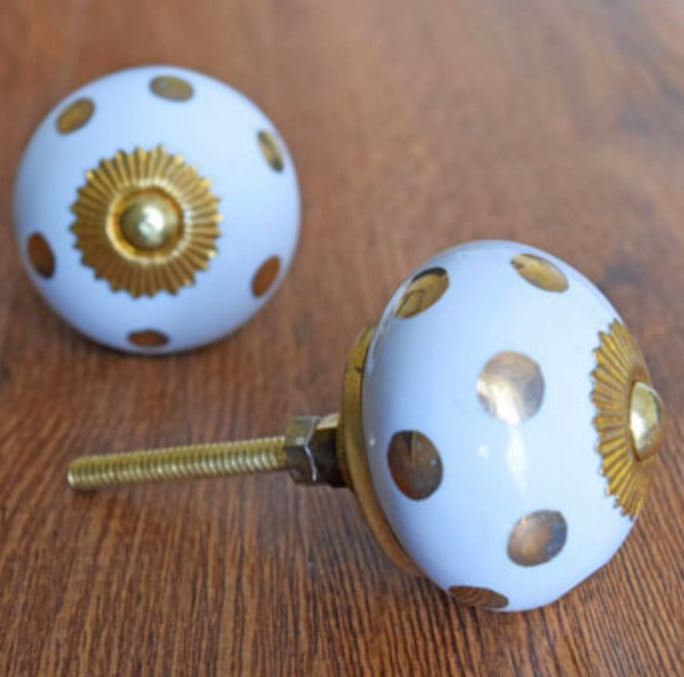 White and gold round spotty ceramic knob
