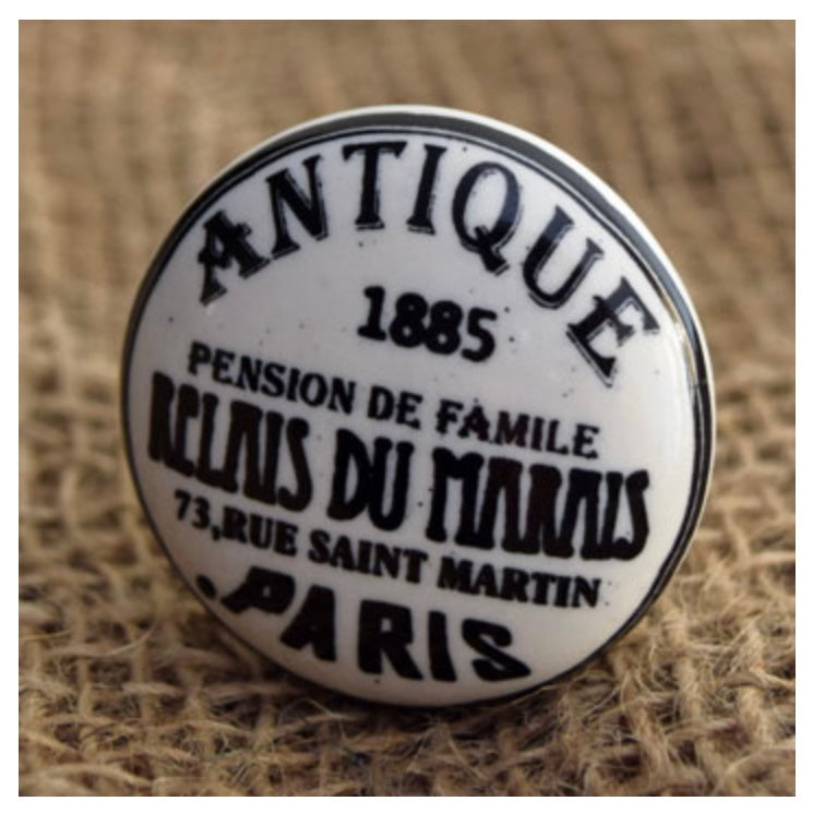 White Ceramic ‘Antique’ Knob White with black writing